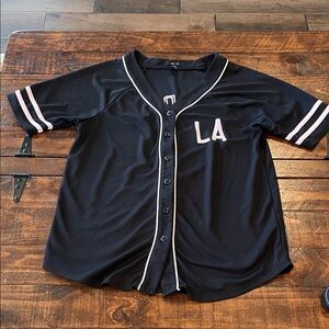 Forever 21 Black Baseball Jersey with Pink Trim and LA Patch